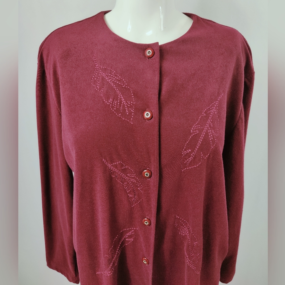 Vtg Company Collection Burgundy Leaf Embroidered button Down Sweater Blouse Sz L - Picture 10 of 13